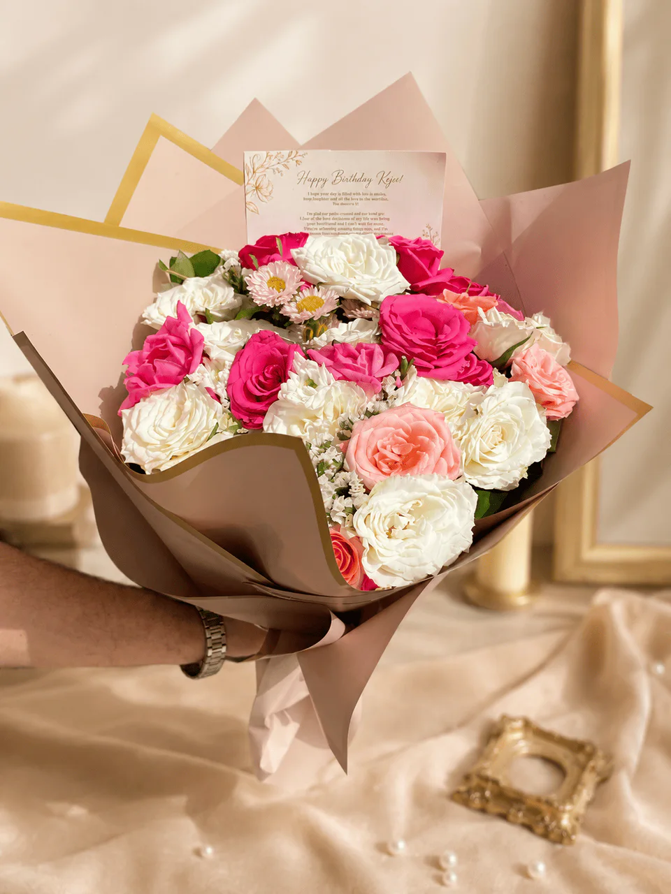 Birthday Blush pink and white birthday bouquet with card for flower delivery in Casablanca