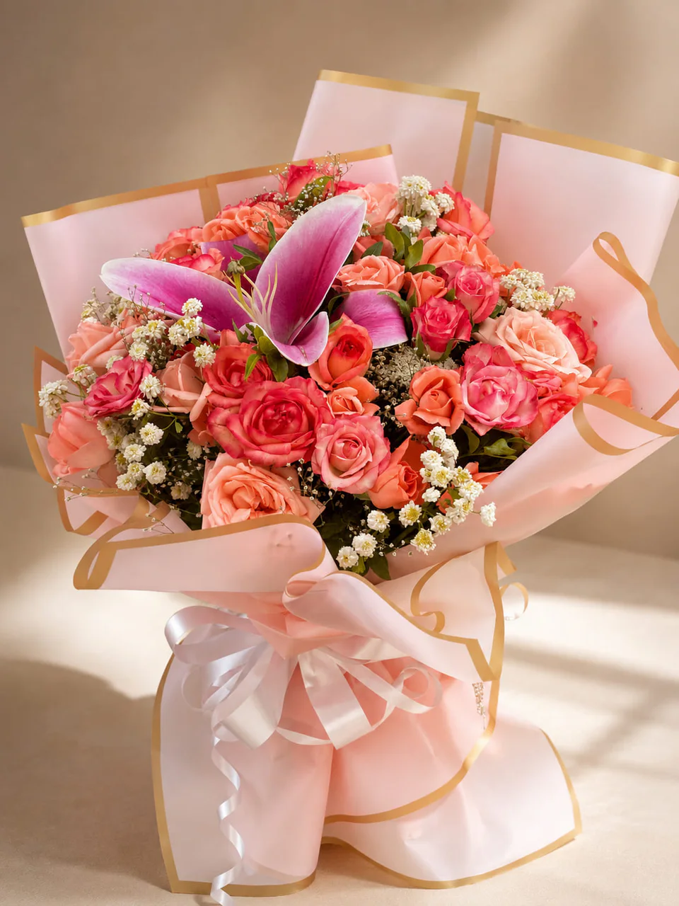 Floréa pink rose and lily bouquet with blush wrapping for flower delivery in Casablanca