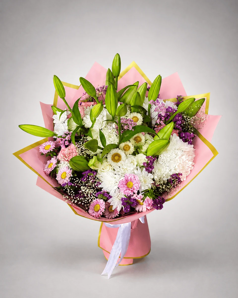 Lilora pink bouquet with lilies, daisies and seasonal flowers for flower delivery in Casablanca