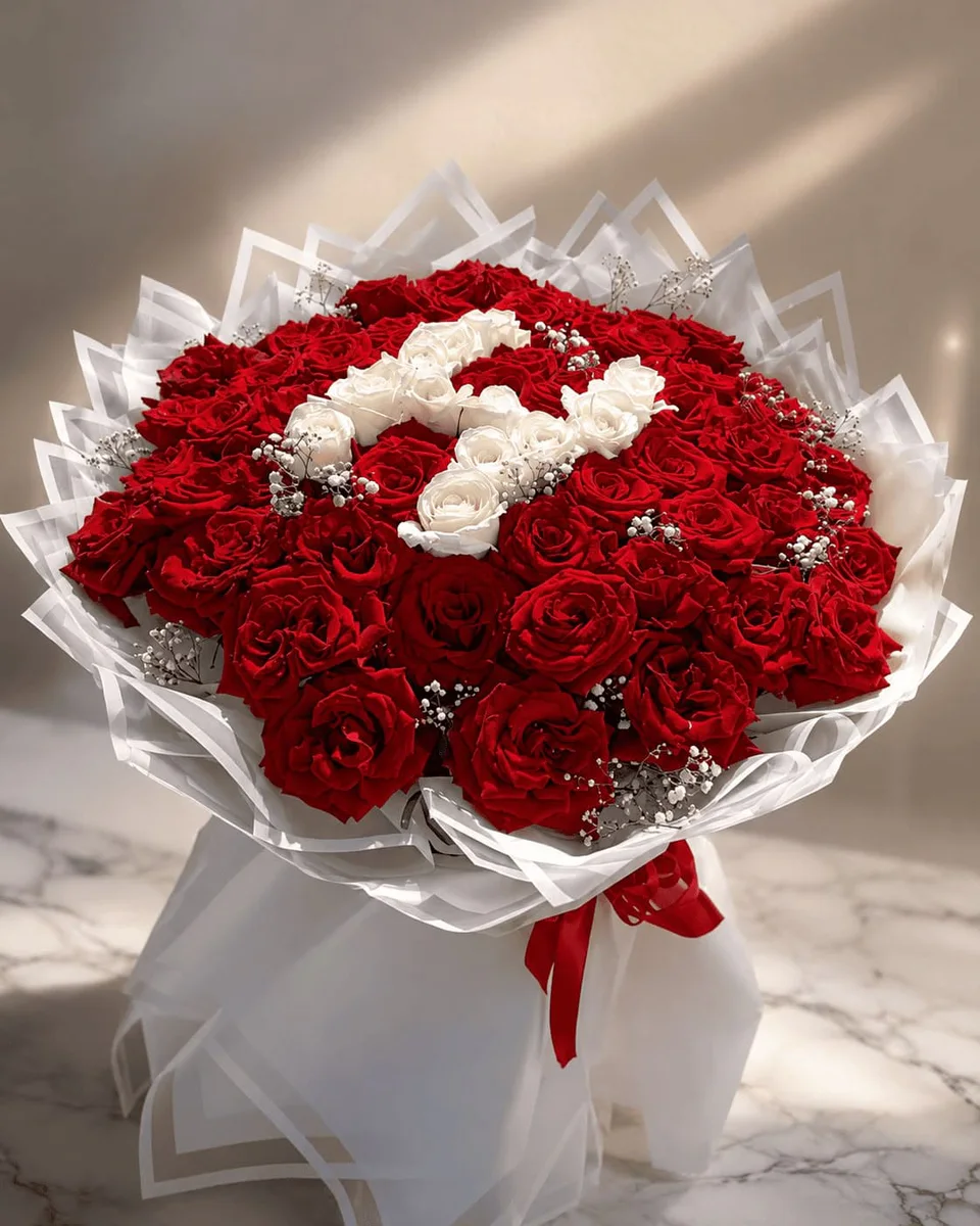 Love Letter red and white heart-shaped rose bouquet for flower delivery in Casablanca