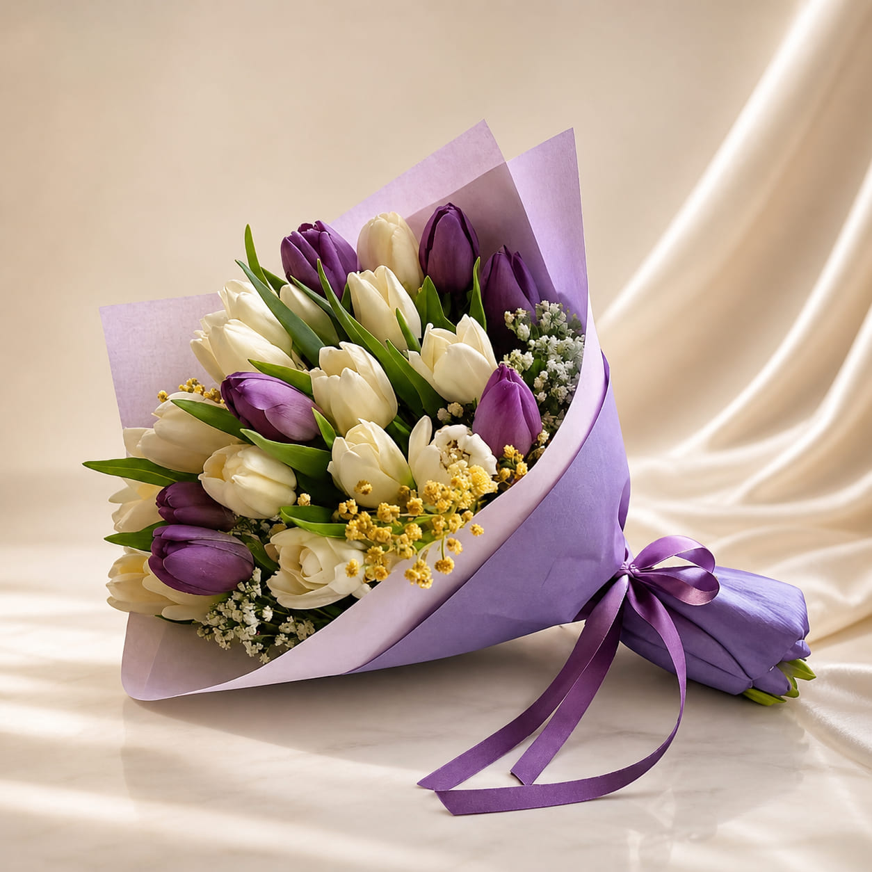 Tulipa purple wrapped tulip bouquet with white and violet tulips in Casablanca